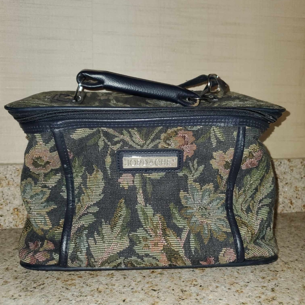 Vintage Jordache Floral Tapestry Train Case Vanity Makeup Bag Mirror
